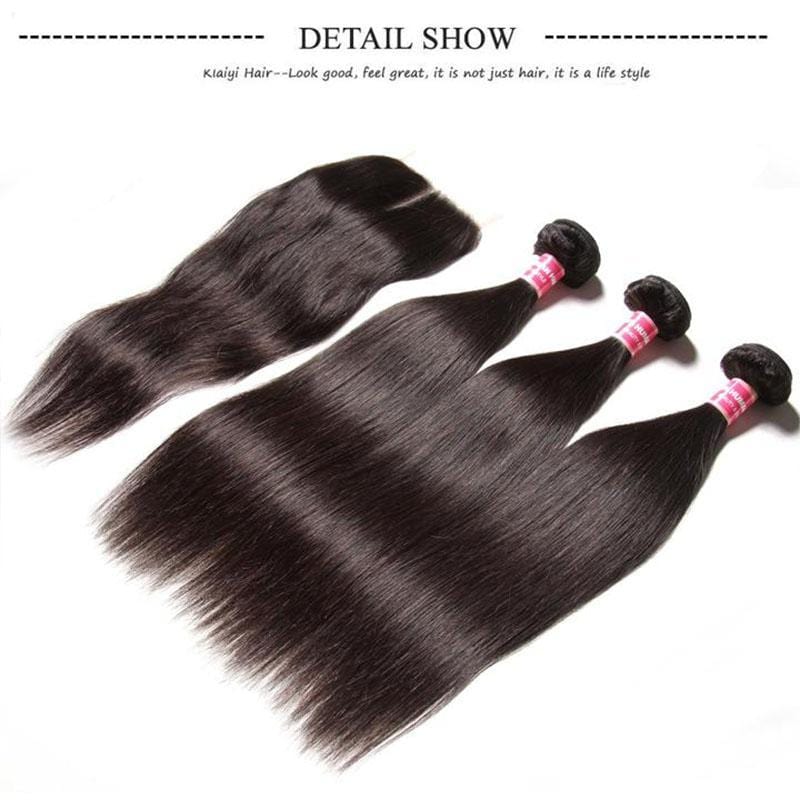 Klaiyi Brazilian Straight Hair 3 Bundles with 4*4 Lace Closure