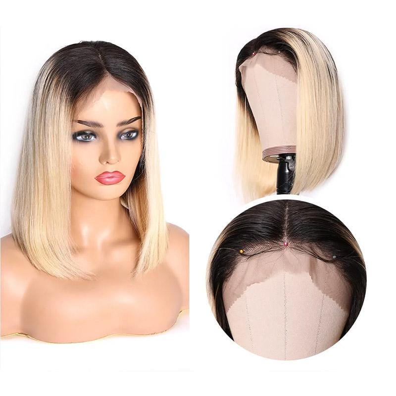 Klaiyi 9A Ombre T1b/613 Straight Hair Lace Front Bob Wigs 150% Density Blunt Cut Dark Roots Human Hair Lace Wigs