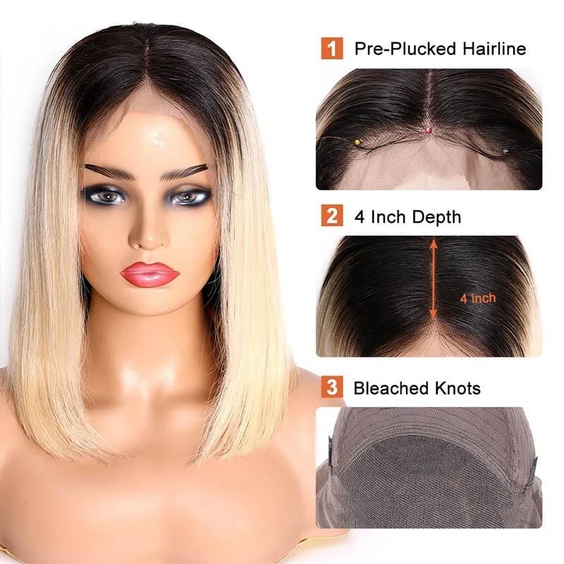 Klaiyi 9A Ombre T1b/613 Straight Hair Lace Front Bob Wigs 150% Density Blunt Cut Dark Roots Human Hair Lace Wigs