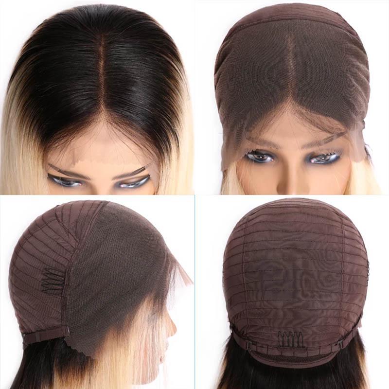 Klaiyi 9A Ombre T1b/613 Straight Hair Lace Front Bob Wigs 150% Density Blunt Cut Dark Roots Human Hair Lace Wigs