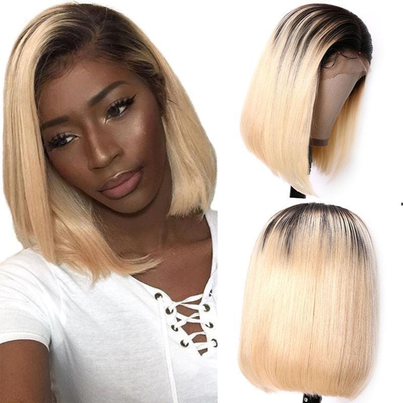 Klaiyi 9A Ombre T1b/613 Straight Hair Lace Front Bob Wigs 150% Density Blunt Cut Dark Roots Human Hair Lace Wigs