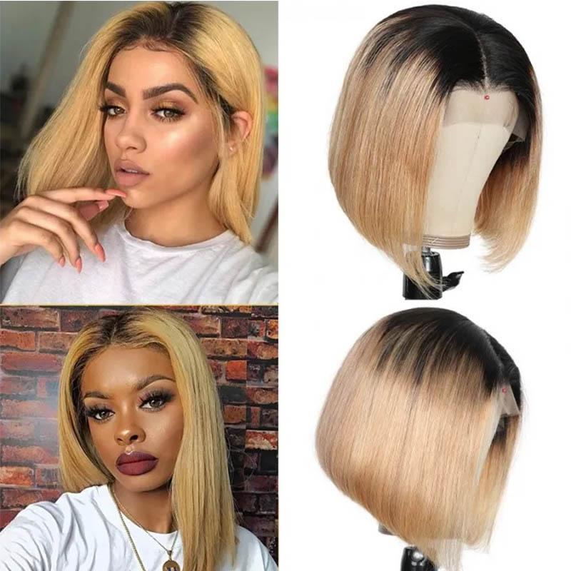 Klaiyi 9A Ombre T1b/613 Straight Hair Lace Front Bob Wigs 150% Density Blunt Cut Dark Roots Human Hair Lace Wigs