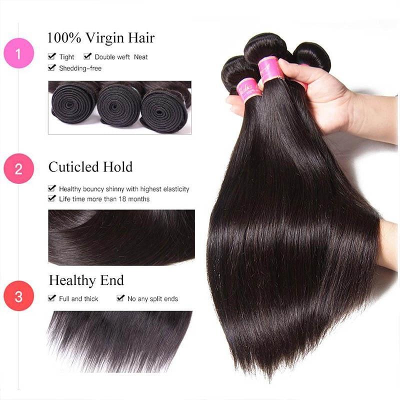 Klaiyi 3 Bundles Straight Human Hair Bundles 100% Virgin Human Hair Weaves