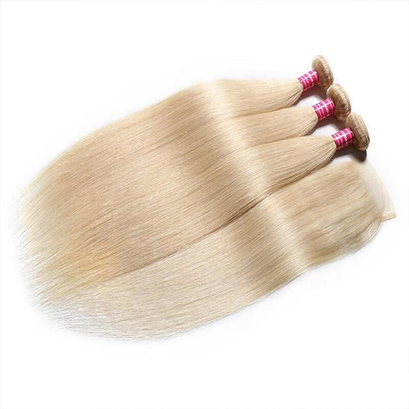 Lot de 3 paquets de cheveux blonds raides Klaiyi 613 avec fermeture en dentelle 4*4, 100 % cheveux humains, en promotion