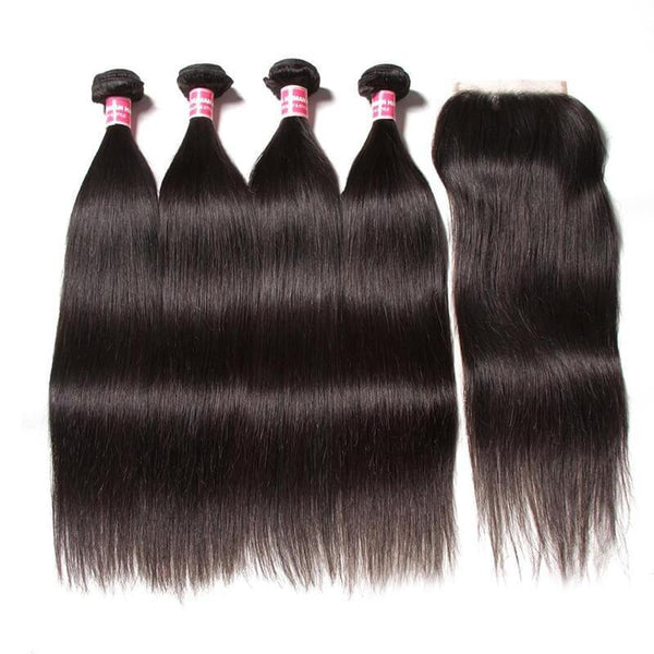 Klaiyi Hair 4 Bundles Brazilian Straight Hair with 4*4 Lace Closure