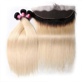 Klaiyi 1B/613 Straight Ombre Hair 3 Bundles with 13*4 Frontal Closure, 2 Tone Color Human Hair Weave Extensions For Sale