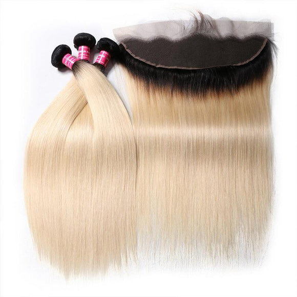 Klaiyi 1B/613 Cheveux raides ombrés, lot de 3 paquets avec closure frontale 13*4, extensions de cheveux humains bicolores à vendre