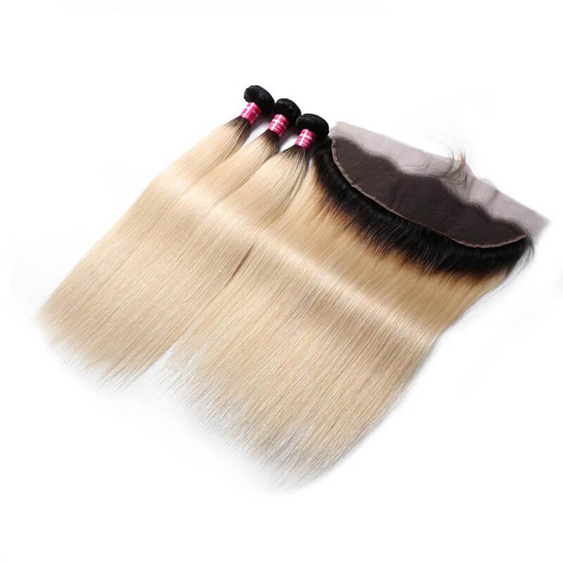 Klaiyi 1B/613 Straight Ombre Hair 3 Bundles with 13*4 Frontal Closure, 2 Tone Color Human Hair Weave Extensions For Sale