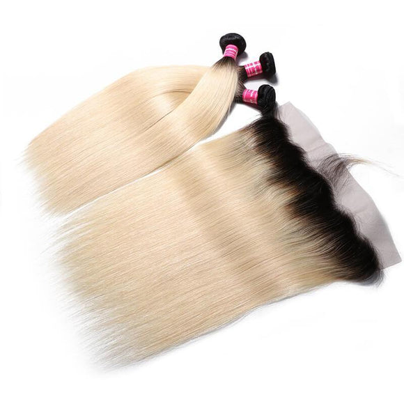 Klaiyi 1B/613 Cheveux raides ombrés, lot de 3 paquets avec closure frontale 13*4, extensions de cheveux humains bicolores à vendre