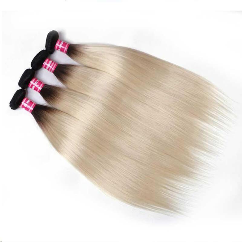 Klaiyi 4 Bundles Straight Ombre Hair Weave 1b/613, 2 Tone Color Ombre Human Hair Extensions