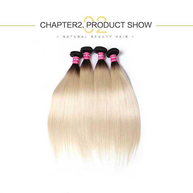 Klaiyi 4 Bundles Straight Ombre Hair Weave 1b/613, 2 Tone Color Ombre Human Hair Extensions