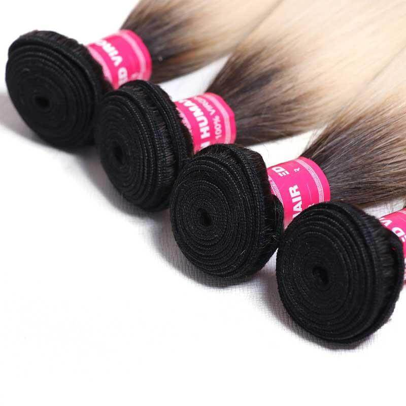 Klaiyi 4 Bundles Straight Ombre Hair Weave 1b/613, 2 Tone Color Ombre Human Hair Extensions