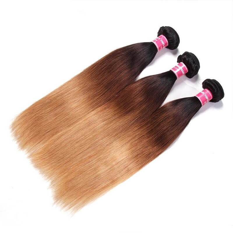 Klaiyi Ombre Human Hair Weave Bone Straight 3 or 4 Bundles Deals #1B/4/27 Color