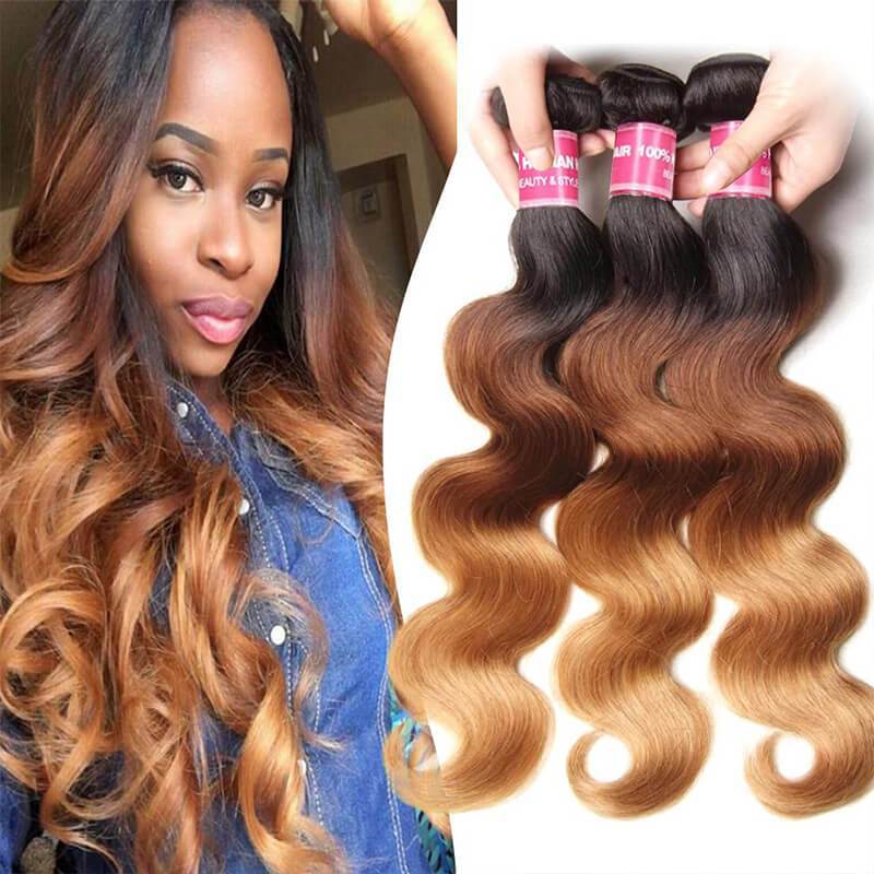 Klaiyi 3 Tone Ombre Human Hair Body Wave 3/4 Bundles Hair Weave 1b/4/27 Color