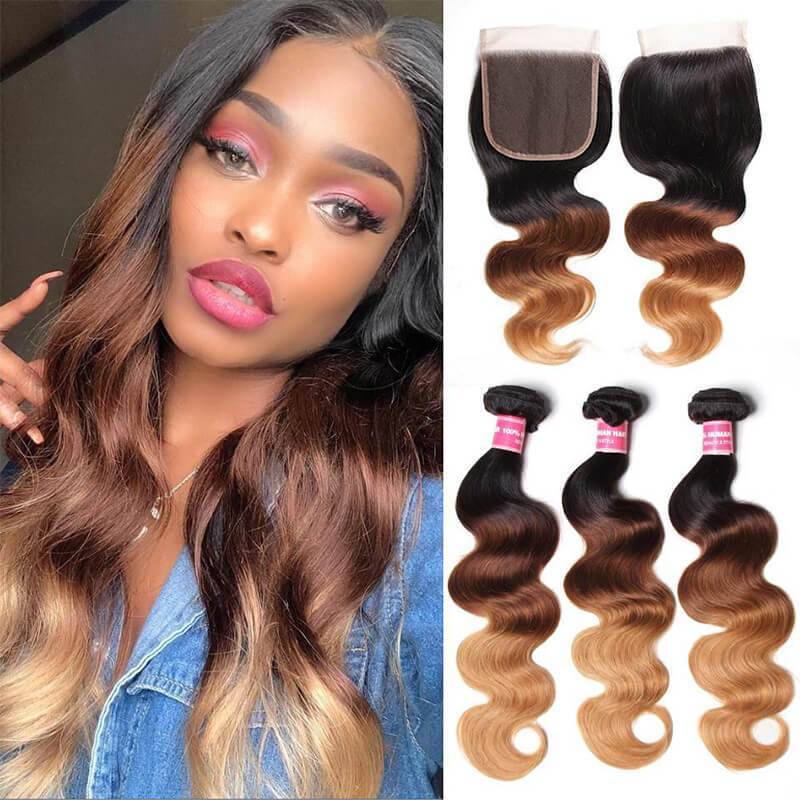 Klaiyi Ombre Hair T1b/4/27 Body Wave Human Hair 3 Bundles with 4×4 Lace Closure