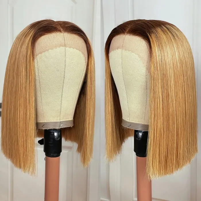 All Length $69 Deals| Klaiyi Ombre Golden Blonde With Dark Roots Blunt Cut Bob 13x5 T Part Lace Wig Flash Sale