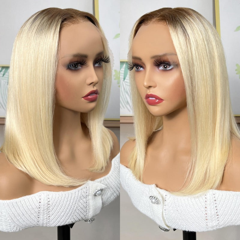 Klaiyi 13x4 Lace Front Ombre T4/613 Brown Roots Blonde Straight Bob Human Hair Wigs Flash Sale