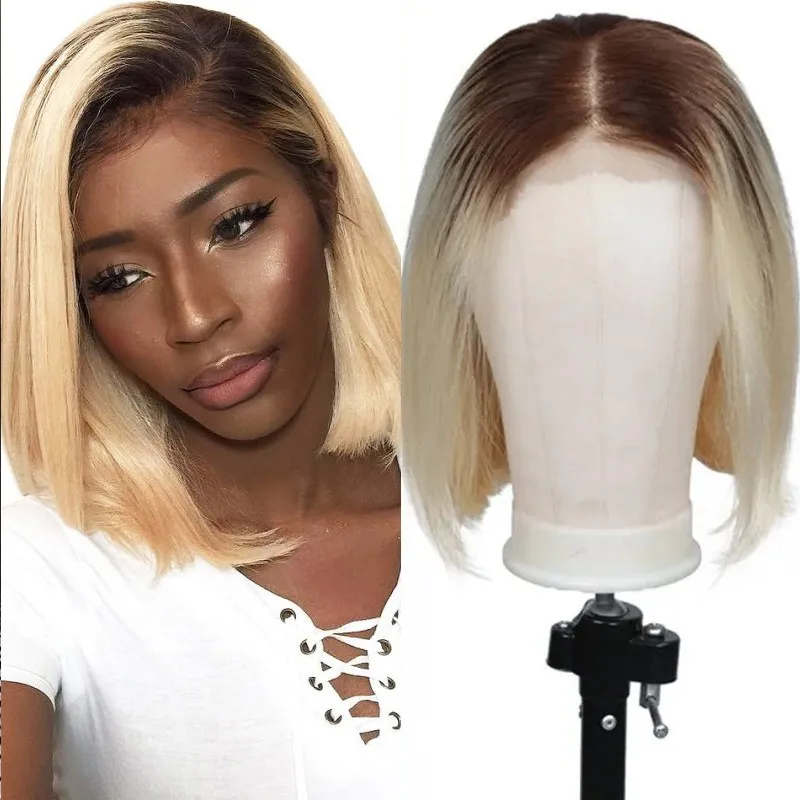 Klaiyi 13x4 Lace Front Ombre T4/613 Brown Roots Blonde Straight Bob Human Hair Wigs Flash Sale