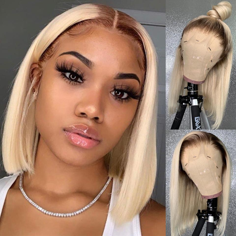 Klaiyi 13x4 Lace Front Ombre T4/613 Brown Roots Blonde Straight Bob Human Hair Wigs Flash Sale