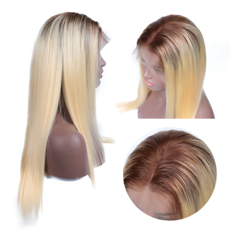 Klaiyi Blonde Straight 13x4 Lace Front Wigs Ombre T4/613 Brown Roots Human Hair Wigs