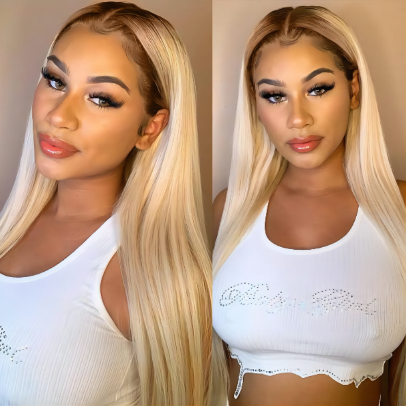 Klaiyi Blonde Straight 13x4 Lace Front Wigs Ombre T4/613 Brown Roots Human Hair Wigs