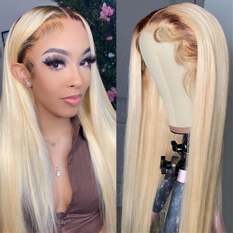 Klaiyi Blonde Straight 13x4 Lace Front Wigs Ombre T4/613 Brown Roots Human Hair Wigs
