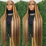Klaiyi Honey Blonde Highlight Color Straight Hair Lace Front Wigs with Baby Hair Human Hair Wigs