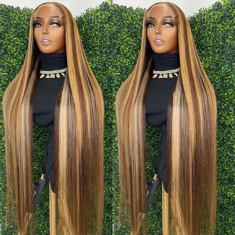 Klaiyi Honey Blonde Highlight Color Straight Hair Lace Front Wigs with Baby Hair Human Hair Wigs