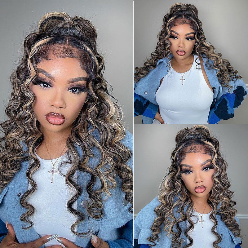 Klaiyi 13x4 Natural Color With Peek A Boo Blonde Highlights Lace Front Body Wave Wig