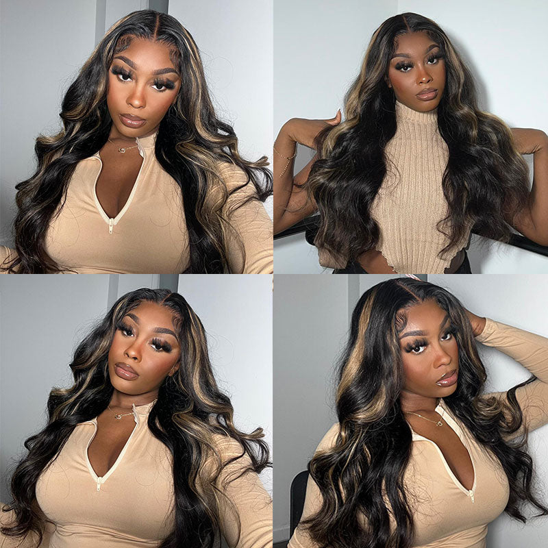 Klaiyi 13x4 Natural Color With Peek A Boo Blonde Highlights Lace Front Body Wave Wig