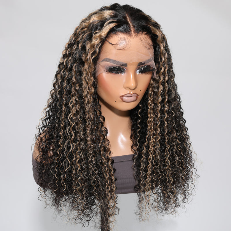 Klaiyi Balayage Blonde Highlights Curly Lace Front Wig Precolored Ombre Hair