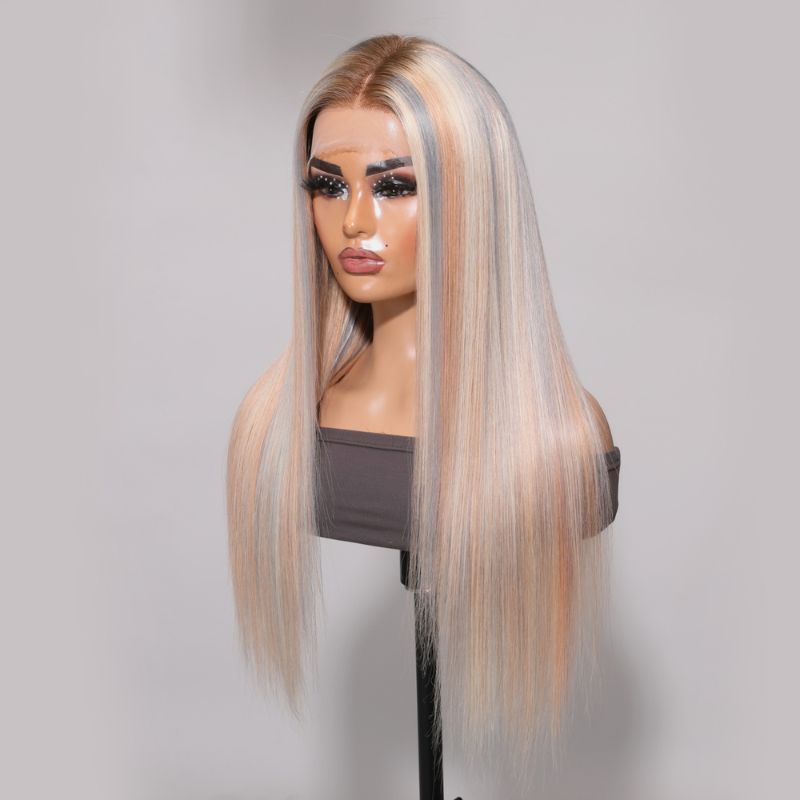 Klaiyi Platinum Blonde Highlight 13x4 Lace Front Straight Wig Human Hair Wig Grey Blonde Highlights Flash Sale