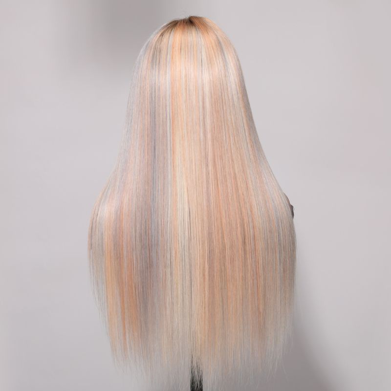 Klaiyi Platinum Blonde Highlight 13x4 Lace Front Straight Wig Human Hair Wig Grey Blonde Highlights Flash Sale