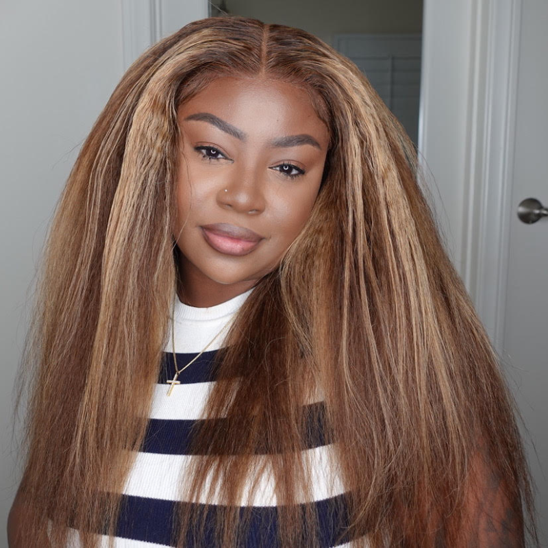 Klaiyi Yake Straight Honey Blonde Highlight Kinky Straight Lace Frontal Wig Flash Sale