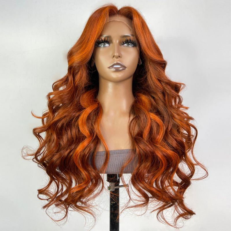 Klaiyi 24 inches Sunset Gold Color With Cowgirl Copper 13x4 Lace Front Body Wave Wig Human Hair New Arrival Flash Sale