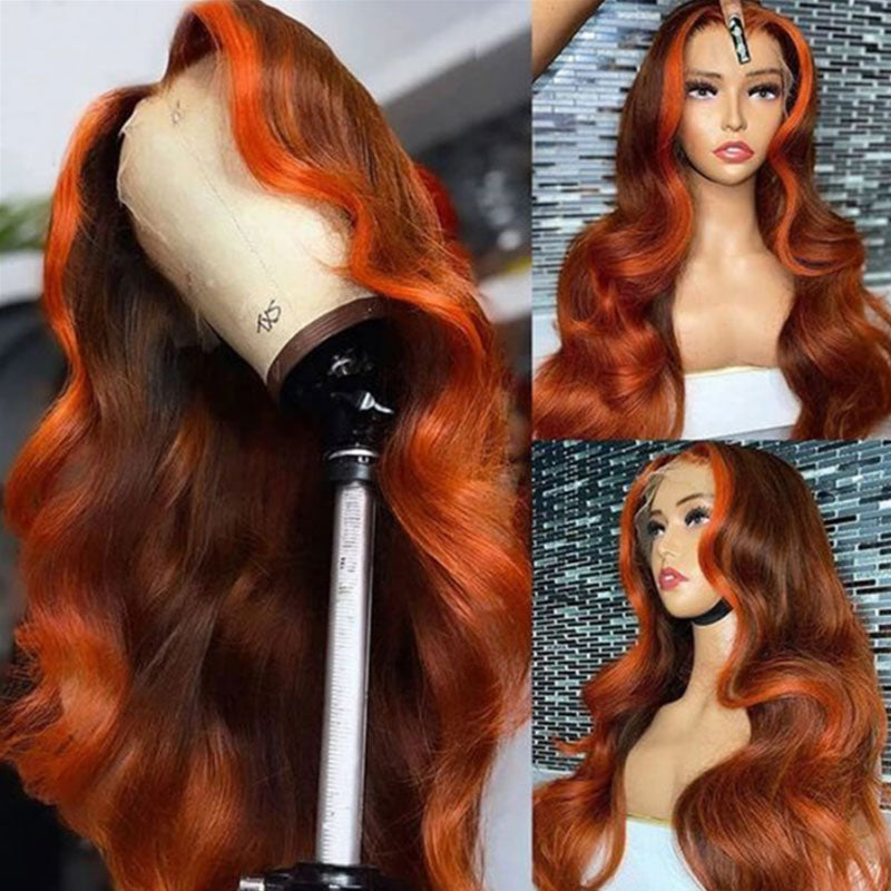 Klaiyi 24 inches Sunset Gold Color With Cowgirl Copper 13x4 Lace Front Body Wave Wig Human Hair New Arrival Flash Sale