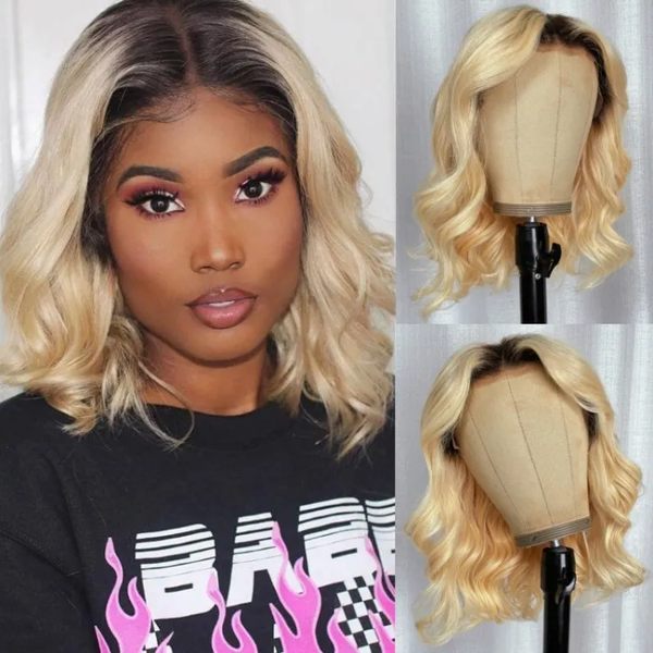 Klaiyi Honey Blonde 613 Bob Wig with Dark Roots Short Bob Wig Loose Wave Human Hair Flash Sale