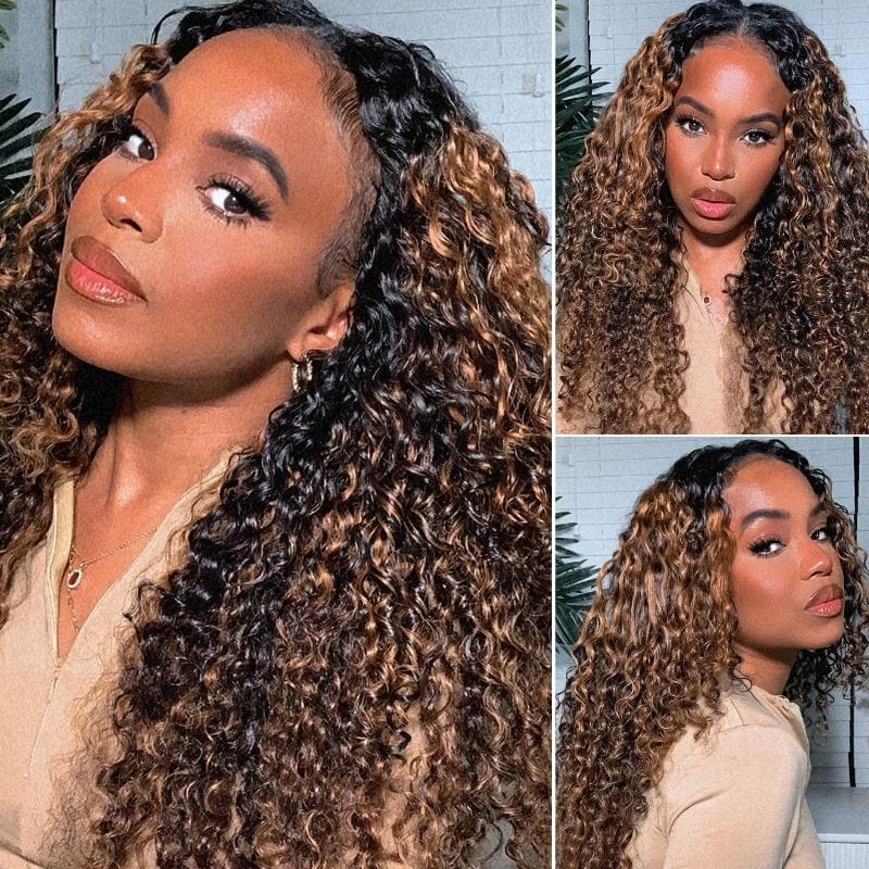 Klaiyi 180% Beginner Friendly Put On and Go Highlight Balayage Colored Curly Vpart Wigs Meets Real Scalp Flash Sale