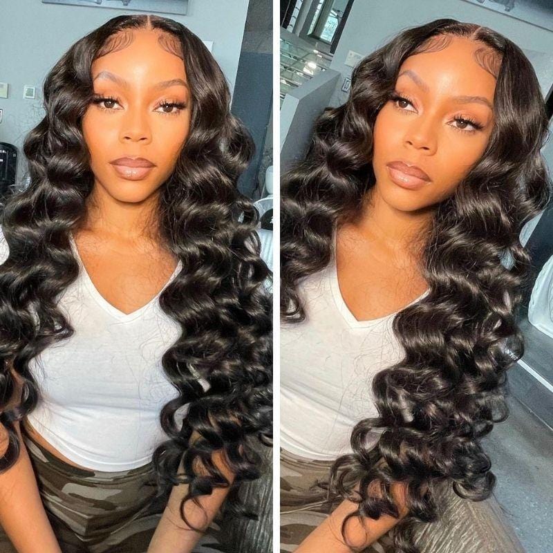Klaiyi Best Loose Wave 13x4 Lace Front Human Hair Wigs Big Heatless Curls Hairstyle 150% Density