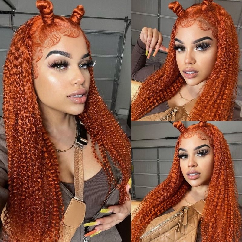 Klaiyi Ginger Color Lace Part Wig Jerry Curly Orange Precolored Human Hair Wigs Natural Density Series