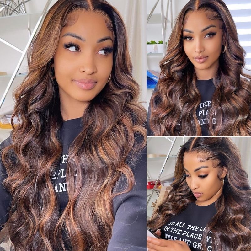 $50 Off Full $51- Dark Root Brown Balayage Natural Density Lace Front Wigs