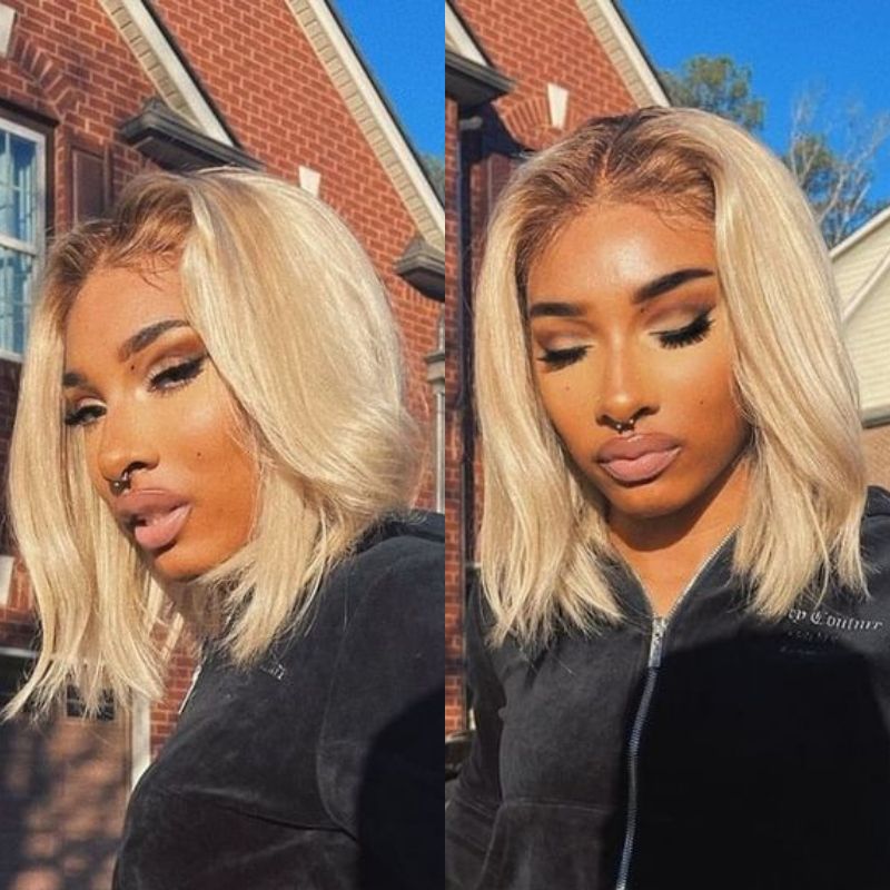 Klaiyi Omber Golden Blonde Color 13x4 Lace Frontal Wig Short Bob with Brown Root