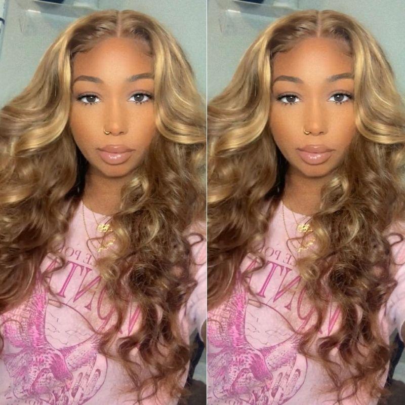 Klaiyi Honey Blonde Highlight Body Wave Human Hair Wigs 13x5 Middle Part Lace Front Wig T Part Lace Wig