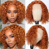 Klaiyi Short Bob Lace Part Wigs T Part Wig Human Hair Orange Ginger Colored Wet and Wavy Middle Part Lace Human Hair Wigs