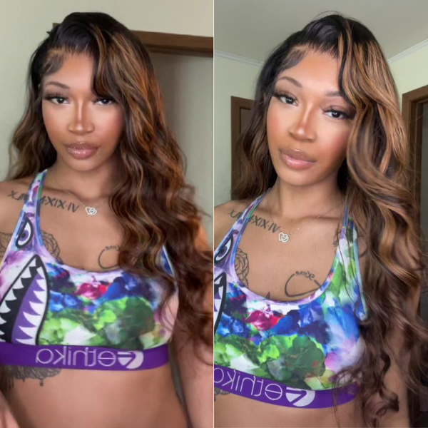 Klaiyi Highlight Balayage Lace Frontal Wig Body Wave Shadow Root Ombre Human Hair Natural Density Wigs