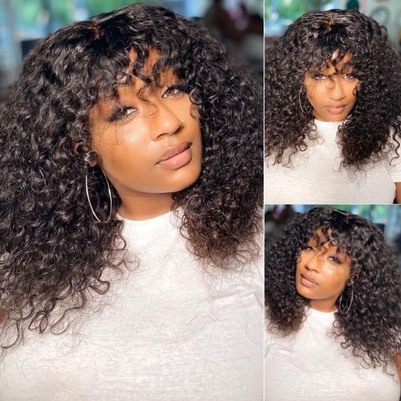 Klaiyi  70% Off Flash Sale Bouncy Curl Wig with Bangs Glueless Affordable Short Human Hair Wigs For Women
