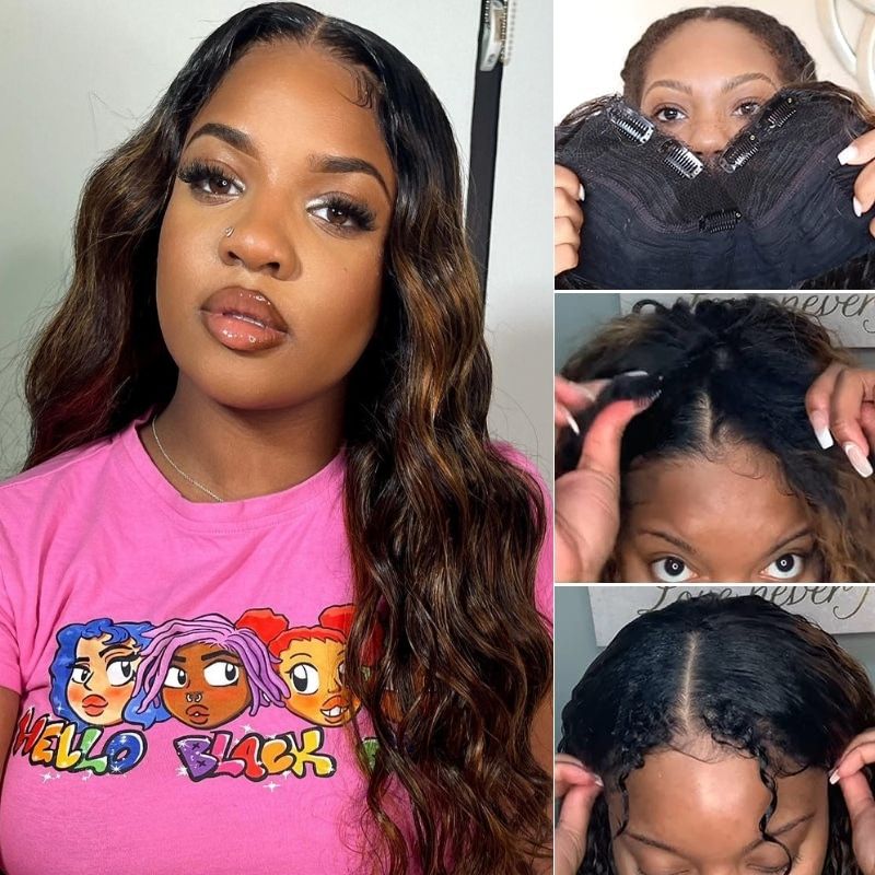 Klaiyi Body Wave Glueless U Part Wig Ombre Balayage Human Hair V Part Wigs Beginner Friendly