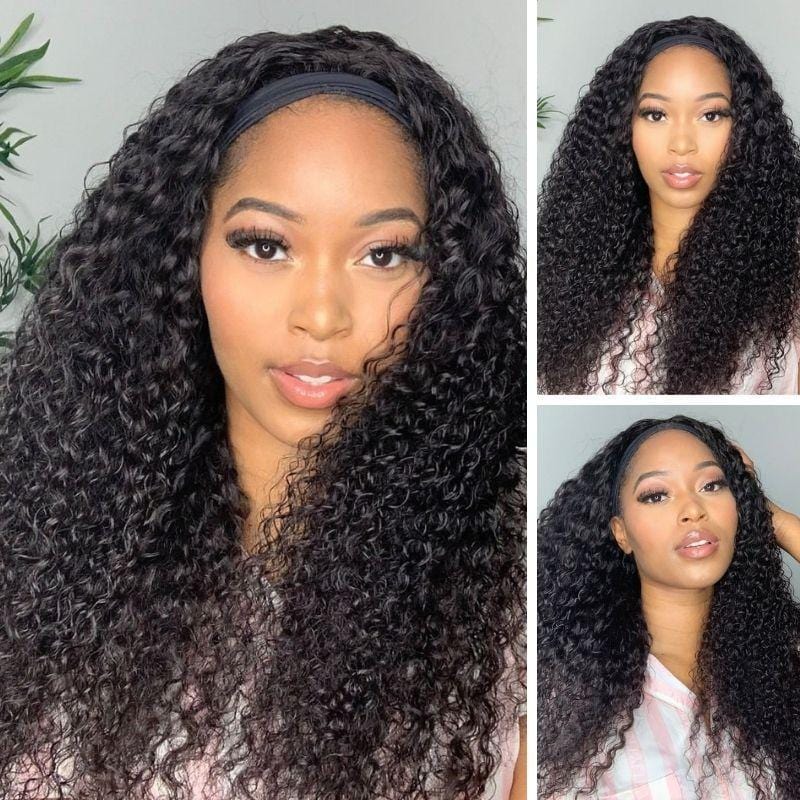 Klaiyi Headband Wig Curly Human Hair Wig With Free Scarf Natural Color Wig For Women