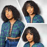Klaiyi  70% Off Flash Sale Bouncy Curl Wig with Bangs Glueless Affordable Short Human Hair Wigs For Women