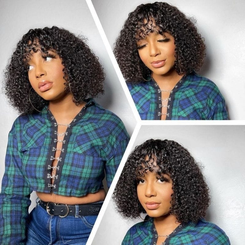 Klaiyi  70% Off Flash Sale Bouncy Curl Wig with Bangs Glueless Affordable Short Human Hair Wigs For Women